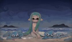 Rule 34 | 1girl, beach, beached, black eyes, blank stare, blue sky, blunt bangs, breasts, cloud, cloudy sky, commentary request, completely nude, domino mask, empty eyes, expressionless, green hair, highres, inkling, inkling girl, inkling player character, island, liang cun rakuna, light blush, light particles, long hair, looking at viewer, mask, nintendo, no mouth, no nipples, nude, ocean, outdoors, pointy ears, seashell, seiza, shell, short eyebrows, short hair with long locks, sitting, sky, small breasts, solo, splatoon (series), squid, tentacle hair, very long hair, waves, wide shot