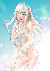 Rule 34 | blue eyes, breasts, highres, leotard, rom no hito, small breasts, tagme, white hair