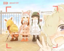 Rule 34 | 3girls, :d, aged down, alpaca ears, alpaca suri (kemono friends), alternate costume, animal ears, backpack, bag, battery indicator, bird tail, black-headed ibis (kemono friends), black hair, blonde hair, blue eyes, blush, boots, brown hair, child, coat, commentary, gloves, gradient hair, hair over one eye, hat, head wings, japanese crested ibis (kemono friends), kemono friends, mittens, moeki (moeki0329), multicolored hair, multiple girls, open mouth, pantyhose, pom pom (clothes), railing, red hair, scarf, scarlet ibis (kemono friends), selfie, shoulder bag, sidelocks, smile, stick, tail, twitter username, viewfinder, w, waving, white hair, wings, yellow eyes