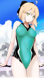 Rule 34 | 1girl, ahoge, aqua one-piece swimsuit, arm support, bad id, bad pixiv id, black bow, blonde hair, blue background, bow, breasts, breasts apart, closed mouth, cloud, collarbone, competition swimsuit, covered navel, cowboy shot, day, fate/grand order, fate (series), hair between eyes, hair bow, head tilt, highres, looking at viewer, okita souji (fate), okita souji (koha-ace), one-piece swimsuit, outdoors, short hair, solo, swimsuit, thigh gap, wading, yellow eyes, yoshinaga yunosuke