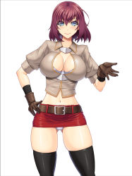 Rule 34 | 1girl, abu, belt, black thighhighs, blue eyes, bra, breasts, brown belt, brown gloves, brown shirt, closed mouth, cowboy shot, gloves, hand on own hip, large breasts, looking at viewer, miniskirt, miria (abu), navel, original, panties, red hair, red skirt, shiny skin, shirt, short hair, skirt, smile, solo, standing, thighhighs, thighs, underwear, white background, white bra, white panties