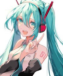 Rule 34 | 1girl, aqua eyes, aqua hair, bare shoulders, detached sleeves, green hair, hair between eyes, hatsune miku, headphones, headset, highres, index finger raised, long hair, looking at viewer, necktie, open mouth, saihate (d3), sleeveless, smile, solo, tattoo, twintails, very long hair, vocaloid