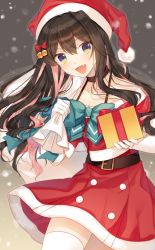 Rule 34 | 1girl, bell, belt, black hair, blue bow, blue bowtie, blush, bow, bowtie, box, breasts, choker, christmas, dress, fang, gift, gift box, gloves, hair bell, hair ornament, hat, hiiragi souren, holding, holding sack, kantai collection, long hair, looking at viewer, medium breasts, multicolored hair, naganami (kancolle), off-shoulder dress, off shoulder, open mouth, pink hair, sack, santa hat, smile, snow, solo, thighhighs, two-tone hair, white gloves, white thighhighs