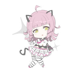 Rule 34 | 1girl, animal ears, animal print, arm warmers, artist name, artist request, belt, black bow, black sailor collar, blunt bangs, blush, bow, bow legwear, breasts, brown eyes, cat ears, cat print, cat tail, checkered clothes, checkered skirt, chibi, collarbone, crown print, dokipipo emotion, dokipipo emotion (love live!), female focus, flat chest, full body, grey legwear, hair ornament, heart, heart (symbol), heart print, highres, looking at viewer, love live!, love live! nijigasaki high school idol club, love live! school idol festival, miniskirt, neckerchief, necktie, parted lips, pink belt, pink footwear, pink hair, pink neckerchief, pink necktie, plaid, plaid skirt, pleated, pleated skirt, puffy short sleeves, puffy sleeves, sailor collar, shirt, shoes, short hair, short sleeves, simple background, skirt, small breasts, smile, solo, sparkle, sparkle print, star (symbol), star print, striped legwear, striped sleeves, suspenders, tagme, tail, tennoji rina, white background, white legwear, white shirt, white skirt, yellow eyes