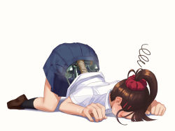 Rule 34 | 1girl, absurdres, android, blue skirt, brown eyes, brown hair, collared shirt, faceplant, hair ornament, hair scrunchie, hairclip, highres, joints, kneehighs, kneeling, loafers, mecha-jk, mechanical parts, medium hair, meikaa, original, pleated skirt, ponytail, robot joints, school uniform, scrunchie, shirt, shoes, simple background, skirt, socks, solo, squiggle, steam, top-down bottom-up, white background
