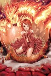 Rule 34 | 1girl, bird, egg, female focus, fire, gloves, jewelry, necklace, phoenix, red hair, ribbon, shell, skirt, solo, yellow eyes