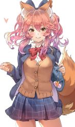 Rule 34 | 1girl, animal ear fluff, animal ears, blush, breasts, contemporary, fate/extra, fate (series), fox ears, fox girl, fox tail, highres, large breasts, long hair, long sleeves, looking at viewer, official alternate costume, pink hair, simple background, smile, solo, sumisu (mondo), tail, tamamo (fate), tamamo no mae (fate/extra), white background, yellow eyes