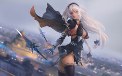 Rule 34 | 1girl, aura, black dress, black hair, blue eyes, blue ribbon, braid, breasts, building, capelet, capelet lift, choker, city, cityscape, cleavage, commentary, dress, english commentary, flying sword, g-tz, gauntlets, hair between eyes, hair ribbon, hairband, halterneck, highres, lace, long hair, looking at viewer, medium breasts, multiple braids, multiple swords, original, parted lips, ribbon, sideboob, sky, solo, standing, sword, thighhighs, thighs, weapon, white hair