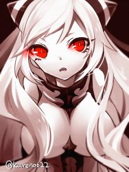 Rule 34 | 10s, 1girl, abyssal ship, airfield princess, bad id, bad pixiv id, breasts, colored skin, eyelashes, glowing, glowing eye, highres, horns, kantai collection, large breasts, long hair, open mouth, orqz, red eyes, solo, twitter username, very long hair, white hair, white skin