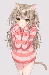 Rule 34 | 1girl, animal ear fluff, animal ears, blush, brown hair, cat ears, cat girl, cat tail, closed mouth, commentary request, grey background, hair between eyes, hands up, hood, hood down, hoodie, long sleeves, original, simple background, sleeves past fingers, sleeves past wrists, smile, solo, standing, striped clothes, striped hoodie, tail, thigh gap, twitter username, two side up, yellow eyes, yumoran