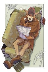 Rule 34 | book, couch, dog, furry, furry male, holding, holding newspaper, lying, male focus, meitantei holmes, newspaper, on couch, pile of books, pipe in mouth, reading, sherlock holmes (meitantei holmes), smoking pipe, solo, uochandayo