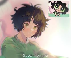 Rule 34 | 1girl, black hair, blunt bangs, blush, buttercup (ppg), buttercup redraw challenge (meme), chromatic aberration, derivative work, eliaart il, english text, green eyes, green pajamas, highres, long sleeves, looking at viewer, meme, messy hair, pajamas, powerpuff girls, reference inset, screenshot inset, screenshot redraw, short hair, solo
