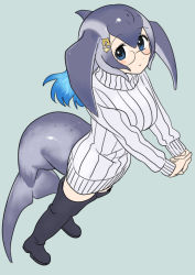 Rule 34 | 10s, 1girl, aqua background, bad id, bad tumblr id, black thighhighs, blue eyes, blue hair, blue whale (kemono friends), boots, cetacean tail, fins, fish tail, hat, kemono friends, long hair, momosuke (ishakry), simple background, solo, tail, thighhighs