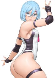 Rule 34 | 1girl, ass, bare shoulders, blue eyes, blue hair, blush, breasts, dead or alive, dead or alive 6, elbow pads, fingerless gloves, glasses, gloves, hair ornament, hairclip, highres, jewelry, leotard, looking at viewer, medium breasts, nico (doa), ring, shihinofu, shiny clothes, shiny skin, short hair, sideboob, simple background, smile, solo, thigh strap, white background