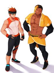 Rule 34 | 2boys, abdonis, blue eyes, commentary request, dark-skinned male, dark skin, highres, male focus, multiple boys, muscular, muscular male, red hair, ring fit adventure, ring fit trainee, ring fit trainee (male), shirt, sleeveless, sleeveless shirt, touu yaiba, yaoi, yellow eyes
