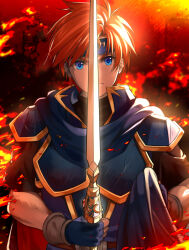 Rule 34 | 1boy, armor, binding blade (weapon), blue cape, blue eyes, blue gloves, cape, closed mouth, delsaber, fiery background, fingerless gloves, fire, fire emblem, fire emblem: the binding blade, gloves, headband, highres, holding, holding cape, holding clothes, holding sword, holding weapon, looking at viewer, male focus, nintendo, red hair, roy (fire emblem), serious, solo, sword, weapon
