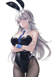 Rule 34 | 1girl, animal ears, black leotard, black pantyhose, blue necktie, bow, bowtie, breasts, covered navel, crossed arms, detached collar, fake animal ears, grey eyes, grey hair, highleg, highleg leotard, highres, kantai collection, large breasts, leotard, long hair, looking at viewer, necktie, pantyhose, playboy bunny, rabbit ears, rokuwata tomoe, simple background, solo, strapless, strapless leotard, traditional bowtie, washington (kancolle), white background, wrist cuffs