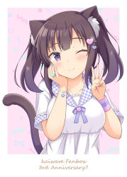 Rule 34 | 1girl, ;), animal ears, anniversary, black hair, blue nails, blush, bracelet, breasts, cat ears, cat girl, cat tail, closed mouth, commentary request, dress, hair ornament, hairclip, hands up, heart, heart hair ornament, jewelry, kaiware-san, looking at viewer, medium breasts, multicolored nails, nail polish, one eye closed, original, pearl bracelet, plaid, pleated dress, purple eyes, purple nails, short sleeves, smile, solo, sweatband, tail, tail raised, twintails, w, white dress, wristband