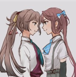 Rule 34 | &gt;:), 2girls, arm warmers, asagumo (kancolle), bad id, bad pixiv id, blue bow, blue neckwear, bow, brown eyes, brown hair, closed mouth, collared shirt, confrontation, dress, dress shirt, eye contact, grey background, grey eyes, grey skirt, hair bow, hair rings, high ponytail, kantai collection, kazagumo (kancolle), long hair, long sleeves, looking at another, multiple girls, nuno (pppompon), pleated skirt, ponytail, profile, purple dress, shirt, short sleeves, simple background, skirt, sleeveless, sleeveless dress, smile, suspender skirt, suspenders, twintails, v-shaped eyebrows, very long hair, white shirt