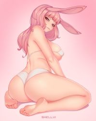 Rule 34 | 1girl, absurdres, animal ears, artist name, ass, back, bad id, bad pixiv id, bare legs, bare shoulders, barefoot, bikini, blush, breasts, commentary, commission, covered erect nipples, feet, from behind, from below, highres, large breasts, lips, long hair, looking at viewer, looking back, original, pink background, pink hair, rabbit ears, shellvi, sitting, skindentation, smile, soles, solo, swimsuit, thick thighs, thighs, toes, wariza, white bikini