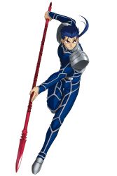 Rule 34 | 1boy, absurdres, blue hair, cu chulainn (fate), fate/stay night, fate (series), full body, gae bolg (fate), highres, holding, holding weapon, lance, cu chulainn (fate/stay night), male focus, official art, polearm, ponytail, red eyes, solo, spear, takeuchi takashi, transparent background, weapon