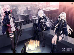 Rule 34 | 3girls, ak-12, ak-12 (girls&#039; frontline), an-94, an-94 (girls&#039; frontline), ar-15, assault rifle, black gloves, braid, breasts, building, city, cityscape, closed eyes, closed mouth, commentary request, day, defy (girls&#039; frontline), expressionless, french braid, girls&#039; frontline, gloves, gun, hair between eyes, hair ornament, highres, holding, hologram, jacket, kalashnikov rifle, long hair, long sleeves, m4a1 (girls&#039; frontline), m4a1 (mod3) (girls&#039; frontline), mask, mask around neck, mishima hiroji, mod3 (girls&#039; frontline), multicolored hair, multiple girls, pink hair, purple eyes, red gloves, red hair, ribbon, rifle, rooftop, sidelocks, silver hair, skyscraper, smile, st ar-15 (girls&#039; frontline), st ar-15 (mod3) (girls&#039; frontline), streaked hair, thighhighs, weapon
