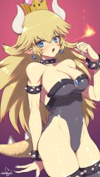 Rule 34 | 1girl, armlet, bare shoulders, black collar, black leotard, blonde hair, blue eyes, bowsette, bracelet, breasts, cleavage, collar, crown, earrings, fingernails, highres, horns, jewelry, large breasts, leotard, long hair, looking at viewer, mario (series), murata tefu, new super mario bros. u deluxe, nintendo, open mouth, pointy ears, ponytail, sharp fingernails, sharp teeth, solo, spiked armlet, spiked bracelet, spiked collar, spiked shell, spiked tail, spikes, strapless, strapless leotard, super crown, tail, teeth, thighhighs, turtle shell