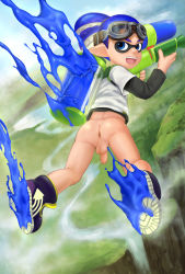 Rule 34 | 1boy, anus, ass, blush, bottomless, fairwind, foreskin, goggles, goggles on head, highres, ink, ink tank (splatoon), inkling player character, long sleeves, looking at viewer, male focus, nintendo, outdoors, penis, perineum, shirt, shoes, skydive, small penis, splatoon (series), t-shirt, tagme, testicles, uncensored, weapon