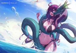 Rule 34 | 1girl, ahoge, arm up, bikini, black bikini, blue eyes, breasts, cleavage, commentary, commission, cowboy shot, day, dragon, eastern dragon, english commentary, hair between eyes, hand up, large breasts, long hair, looking at viewer, mitsu (mitsu art), navel, ocean, one eye closed, open mouth, original, patreon username, pointy ears, purple hair, saliva, side-tie bikini bottom, sky, solo, standing, stomach, swimsuit, very long hair, wading, water, wet