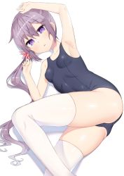 Rule 34 | 1girl, akebono (kancolle), arm up, armpits, bell, breasts, flower, hair bell, hair flower, hair ornament, highres, kantai collection, long hair, purple eyes, purple hair, school swimsuit, side ponytail, simple background, skindentation, small breasts, solo, swimsuit, thighhighs, very long hair, white background, white thighhighs, yuuzaki