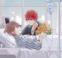 Rule 34 | 2boys, :d, bags under eyes, bed, black jacket, blanket, brown hair, collared shirt, eye contact, flower, grey eyes, grey shirt, hair between eyes, hand on another&#039;s head, hand on own stomach, highres, hospital, hospital bed, intravenous drip, ittoki otoya, iv stand, jacket, kotobuki reiji, looking at another, lower teeth only, lying, male focus, monitor, multiple boys, on back, on bed, open mouth, oxygen mask, parted lips, privacy screen, red eyes, red hair, shirt, short hair, smile, striped clothes, striped shirt, sunflower, table, teeth, upper body, uta no prince-sama, white shirt, xue ezi