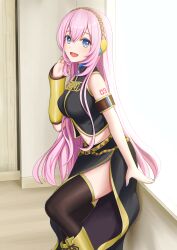 Rule 34 | 1girl, absurdres, bad id, bad pixiv id, belt, belt buckle, black shirt, black skirt, black thighhighs, blue eyes, breasts, buckle, closed mouth, cowboy shot, crop top, hair between eyes, hairband, happy, highres, large breasts, long hair, looking at viewer, megurine luka, multiple belts, navel, nekoinu bamboo, open mouth, pink hair, shirt, short sleeves, skirt, smile, solo, thighhighs, very long hair, vocaloid