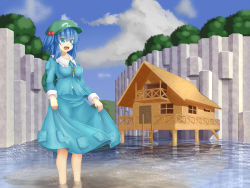 Rule 34 | 1girl, backpack, bag, between breasts, blue dress, blue eyes, blue hair, blue sky, breasts, cloud, cloudy sky, day, dress, forest, frilled shirt collar, frills, hair bobbles, hair ornament, hat, house, kawashiro nitori, key, large breasts, long sleeves, looking at viewer, matching hair/eyes, nature, open mouth, partially submerged, river, shirt, skirt, skirt hold, skirt set, sky, solo, standing, stilt house, touhou, tree, two side up, wading, water