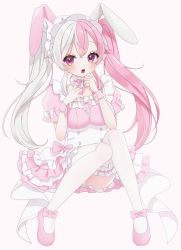 Rule 34 | 1girl, animal ears, blush, commission, full body, indie virtual youtuber, long hair, looking at viewer, maid, maid headdress, marshie (vtuber), multicolored hair, open mouth, pink hair, pink theme, purple eyes, rabbit ears, rabbit girl, skeb commission, solo, split-color hair, thighhighs, twintails, uu3cm, virtual youtuber, white background, white hair
