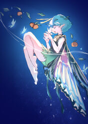 Rule 34 | 1girl, absurdres, antennae, aqua hair, barefoot, butterfly wings, closed eyes, dress, eternity larva, fairy, from side, full body, green dress, highres, insect wings, knees up, leaf, leaf on head, legs, multicolored clothes, multicolored dress, open mouth, pointy ears, profile, short hair, short sleeves, shouxishao jiuyuan, smile, solo, toes, touhou, wings
