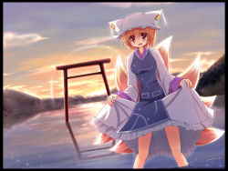 Rule 34 | 1girl, animal hat, blonde hair, border, breasts, clothes lift, cloud, dress, dutch angle, fox tail, hat, hat with ears, highres, impossible clothes, impossible dress, lens flare, liya, looking at viewer, mob cap, mountain, multiple tails, open mouth, mob cap, red eyes, reflection, short hair, skirt, skirt lift, sky, solo, sparkle, sun, sunset, tabard, tail, tassel, torii, touhou, wading, yakumo ran