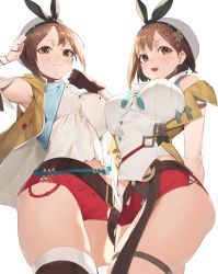 Rule 34 | 2girls, armpits, arms behind back, arms up, atelier (series), atelier ryza, atelier ryza 2, belt, black ribbon, blue belt, blush, breast press, breasts, brown belt, brown eyes, brown hair, gloves, hair ornament, hat, highres, jam (nandade), large breasts, leather belt, multiple girls, open mouth, red shorts, reisalin stout, ribbon, shirt, short hair, short shorts, shorts, simple background, skindentation, sleeveless, sleeveless shirt, thick thighs, thighs, vest, vial, white background, white headwear, yellow vest