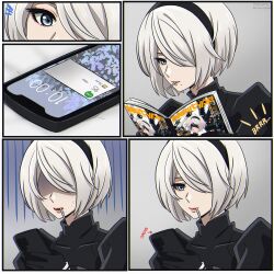 Rule 34 | 1girl, blue eyes, candy, cellphone, comic, commentary, english commentary, eyeliner, food, grey hair, hair over one eye, highres, holding, holding phone, line (naver), lollipop, magazine (object), makeup, mascara, medium hair, mole, mole under mouth, nier:automata, nier (series), phone, pink eyeliner, reading, right-to-left comic, shaded face, shirl geem, silent comic, smartphone, solo, sweat, 2b (nier:automata)