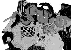 Rule 34 | 1boy, 1girl, atie1225, black hair, bracelet, charm (object), checkered clothes, choker, closed mouth, collared shirt, creatures (company), dark-skinned male, dark skin, dreadlocks, ear piercing, earrings, eyewear on head, frilled choker, frills, game freak, gen 6 pokemon, goomy, greyscale, hair ornament, hand up, head tilt, holding, jewelry, charm (object), long hair, looking at viewer, monochrome, nessa (pokemon), nintendo, object request, piercing, plaid, poke ball, pokemon, pokemon swsh, raihan (pokemon), shirt, short hair, short sleeves, simple background, sunglasses, t-shirt, tongue, tongue out, upper body, v, white background