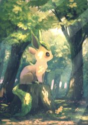 Rule 34 | bad id, bad pixiv id, commentary, creatures (company), dappled sunlight, flower, forest, from side, game freak, gen 4 pokemon, highres, leafeon, light rays, manino (mofuritaionaka), nature, nintendo, no humans, pokemon, pokemon (creature), profile, signature, solo, sunbeam, sunlight, symbol-only commentary, tree, tree stump