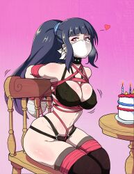 Rule 34 | 1girl, absurdres, bdsm, birthday cake, black bra, blue hair, blunt bangs, bondage, borrowed character, bound, bound arms, bra, breasts, cake, cleavage, cleave gag, cloth gag, collar, dahlia (jam-orbital), food, gag, gagged, happy birthday, heart, heart-shaped pupils, highres, improvised gag, large breasts, looking at viewer, original, over the nose gag, pink eyes, ponytail, shibari, solo, star-shaped pupils, star (symbol), symbol-shaped pupils, thighs, tied to chair, tiedtiki, underwear
