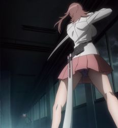 Rule 34 | 1girl, back, belt, breasts, cropped legs, fighting stance, from behind, from below, highres, holding, holding weapon, impossible clothes, indoors, jacket, katana, kneepits, long sleeves, miniskirt, panties, pantyshot, pink skirt, pleated skirt, purple panties, sagiri yuuko, short hair, skirt, standing, stitched, sword, third-party edit, triage x, underwear, upskirt, weapon, window