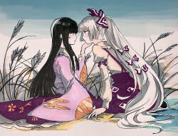 Rule 34 | 2girls, black hair, blunt bangs, blush, bow, collared shirt, commentary, eye contact, floral print, from side, fujiwara no mokou, grey hair, hair bow, hand on another&#039;s chin, highres, hime cut, houraisan kaguya, japanese clothes, light frown, long hair, long skirt, long sleeves, looking at another, multiple girls, ofuda, ofuda on clothes, pants, pink shirt, red pants, red skirt, reeds, shirt, shoes, sidelocks, sitting, skirt, sky, sleeve garter, sleeves past wrists, smile, subaru (user tmwv7722), suspenders, touhou, very long hair, white bow, white shirt, wide sleeves, yuri