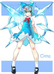 Rule 34 | 1girl, absurdres, arm at side, black footwear, bloomers, blue background, blue dress, blue eyes, blue fire, blue hair, blush, bow, character name, cirno, clenched hand, clothes lift, cryokinesis, dress, dress lift, energy, fire, full body, glowing, glowing hand, hair between eyes, hair bow, highres, ice, ice wings, kneesocks senritsu, legs, looking at viewer, powering up, puffy short sleeves, puffy sleeves, serious, shoes, short dress, short sleeves, sleeveless, sleeveless dress, solo, sparkle, symbol, touhou, two-tone background, underwear, white background, white legwear, wings