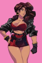 Rule 34 | 1girl, bandeau, streets of rage, streets of rage 4, belt, black gloves, blaze fielding, breasts, brown hair, cleavage, clenched hand, commentary, david liu, earrings, english commentary, fingerless gloves, gloves, hand on own hip, high-waist skirt, highres, hoop earrings, jacket, jewelry, large breasts, leather, leather jacket, legs, lips, long hair, loose belt, midriff, miniskirt, narrow waist, open clothes, open jacket, pink background, red skirt, sega, skirt, sleeves pushed up, solo, strapless, thighs, unzipped, wavy hair