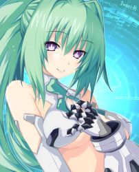 Rule 34 | 10s, 1girl, artist name, blush, breasts, claws, cleavage, green hair, green heart (neptunia), highres, iwashi dorobou -r-, large breasts, long hair, looking at viewer, neptune (series), ponytail, power symbol, power symbol-shaped pupils, purple eyes, solo, symbol-shaped pupils, vert (neptunia), very long hair