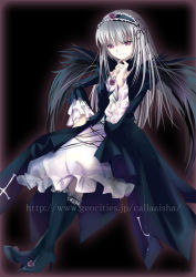 Rule 34 | 00s, 1girl, aisha callaaisha, black wings, cape, cross-laced clothes, dress, frills, hairband, lolita hairband, long hair, long sleeves, looking at viewer, pale skin, pink eyes, rozen maiden, silver hair, sitting, solo, suigintou, white dress, wings