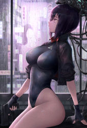 Rule 34 | 1girl, absurdres, android, backlighting, bare hips, black gloves, black jacket, black leotard, breasts, cable, closed mouth, colored eyelashes, commentary request, cropped jacket, fingerless gloves, from side, ghost in the shell, ghost in the shell: sac 2045, gloves, gun, highleg, highleg leotard, highres, holding, holding gun, holding weapon, impossible clothes, impossible leotard, indoors, jacket, kusanagi motoko, large breasts, leotard, open clothes, open jacket, pigone, profile, purple eyes, purple hair, rain, short hair, short sleeves, sitting, solo, thighs, trigger discipline, weapon, window