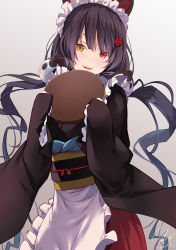 Rule 34 | 1girl, :3, animal ears, animal hood, apron, black hair, black kimono, blush, dog ears, dog hood, flower, grey background, hair flower, hair ornament, heterochromia, highres, holding, holding tray, hood, inui toko, japanese clothes, kimono, long hair, long sleeves, looking at viewer, low twintails, maid, maid headdress, nijisanji, obi, open mouth, parted lips, re lucy, red eyes, red flower, sash, simple background, smile, solo, teeth, tray, twintails, upper teeth only, very long hair, virtual youtuber, wa maid, waist apron, white apron, wide sleeves, yellow eyes