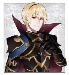 Rule 34 | 1boy, armor, blonde hair, cape, fire emblem, fire emblem fates, gloves, grin, highres, leo (fire emblem), looking at viewer, male focus, nintendo, red eyes, smile, solo